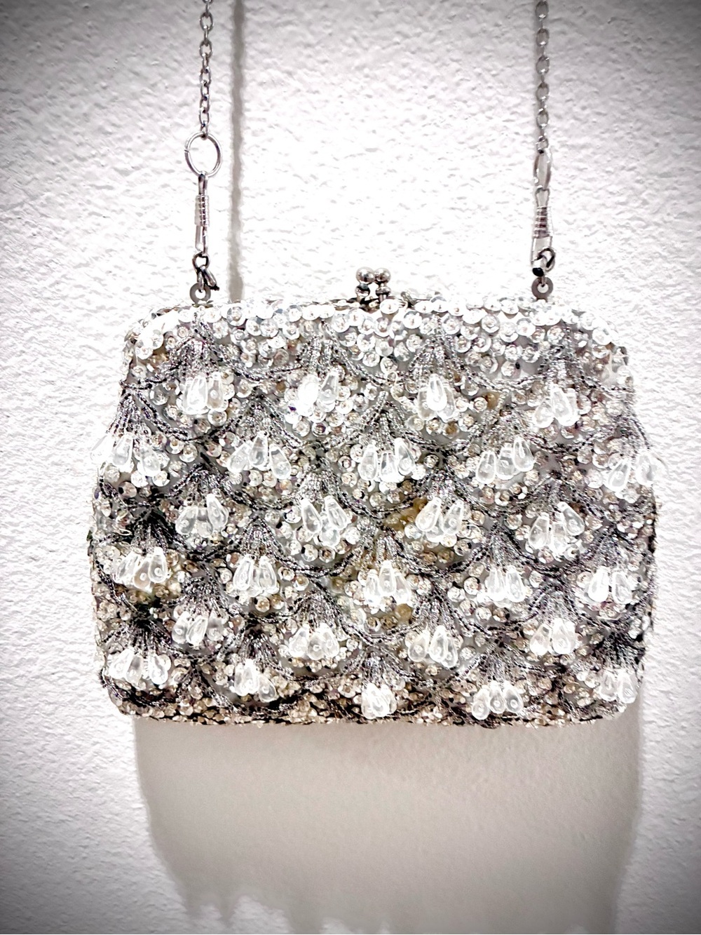 Vintage Silver Satin Clutch/Cross Body Evening Bag & Gloves with Sequins & Beads